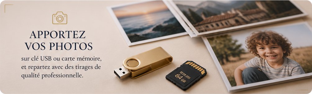 Illustration : clé USB dorée, carte mémoire, tirages photo et portrait d'enfant.