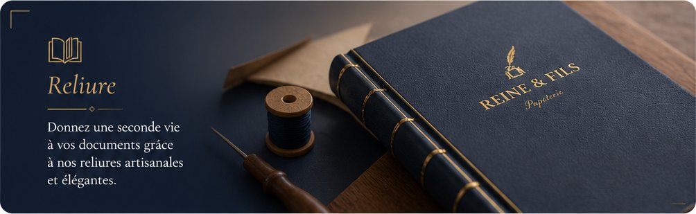 Reliure : donnez une seconde vie à vos documents grâce à nos reliures artisanales et élégantes — livres reliés frappés du sceau Reine & Fils avec fil et aiguille. Demander un devis.