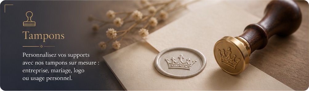 Tampons : personnalisez vos supports avec nos tampons sur mesure — entreprise, mariage, logo ou usage personnel — sceau de cire couronné en train d'être imprimé. Demander un devis.