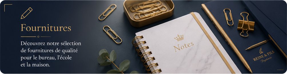 Fournitures : sélection de fournitures de qualité pour le bureau, l'école et la maison — carnet, trombones et stylos dorés. Demander un devis.
